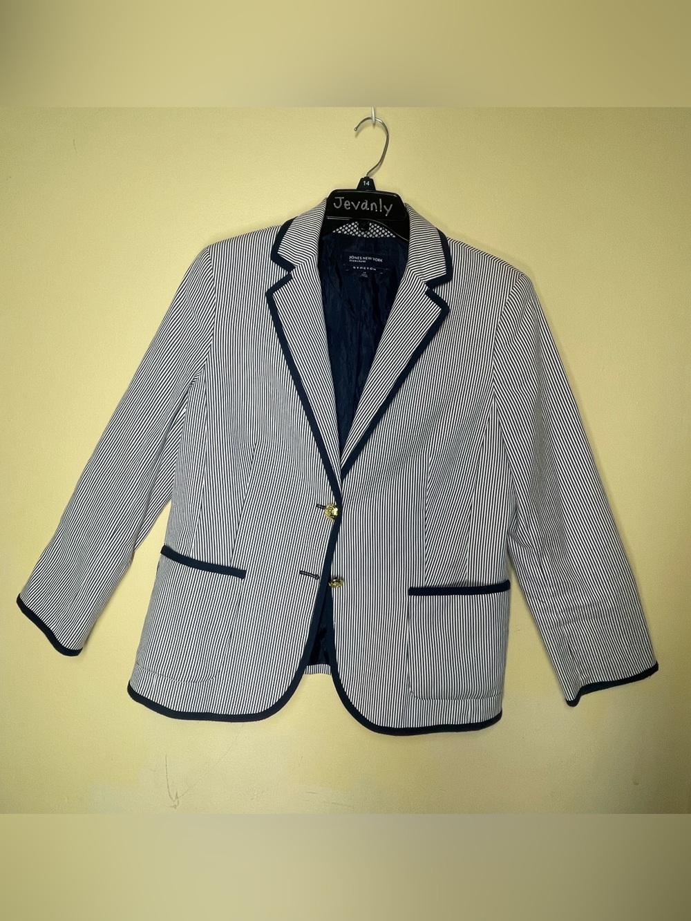 Jones New York White and Navy Striped Blazer with Gold Buttons - Picture 2 of 5